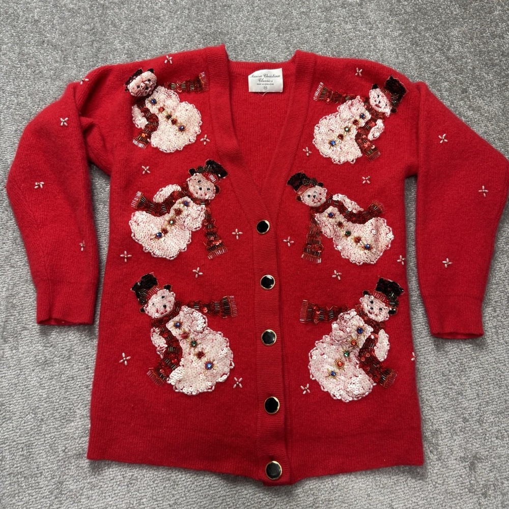 Vintage 90's Wool Angora Christmas Sweater Snowmen Sequins Cardigan Soft Size M